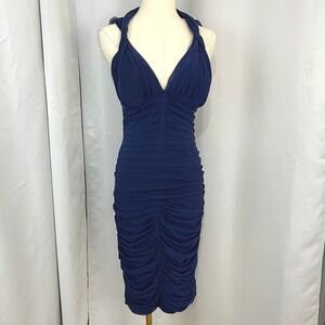 AMZ Paris Bodycon Women's Size 2 Navy Ruched Halter Cocktail Dress Evening Party